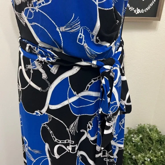 Ralph Lauren Equestrian Status Print Wrap Look Maxi Dress Stretch Knit Blue 14 - Picture 4 of 10
